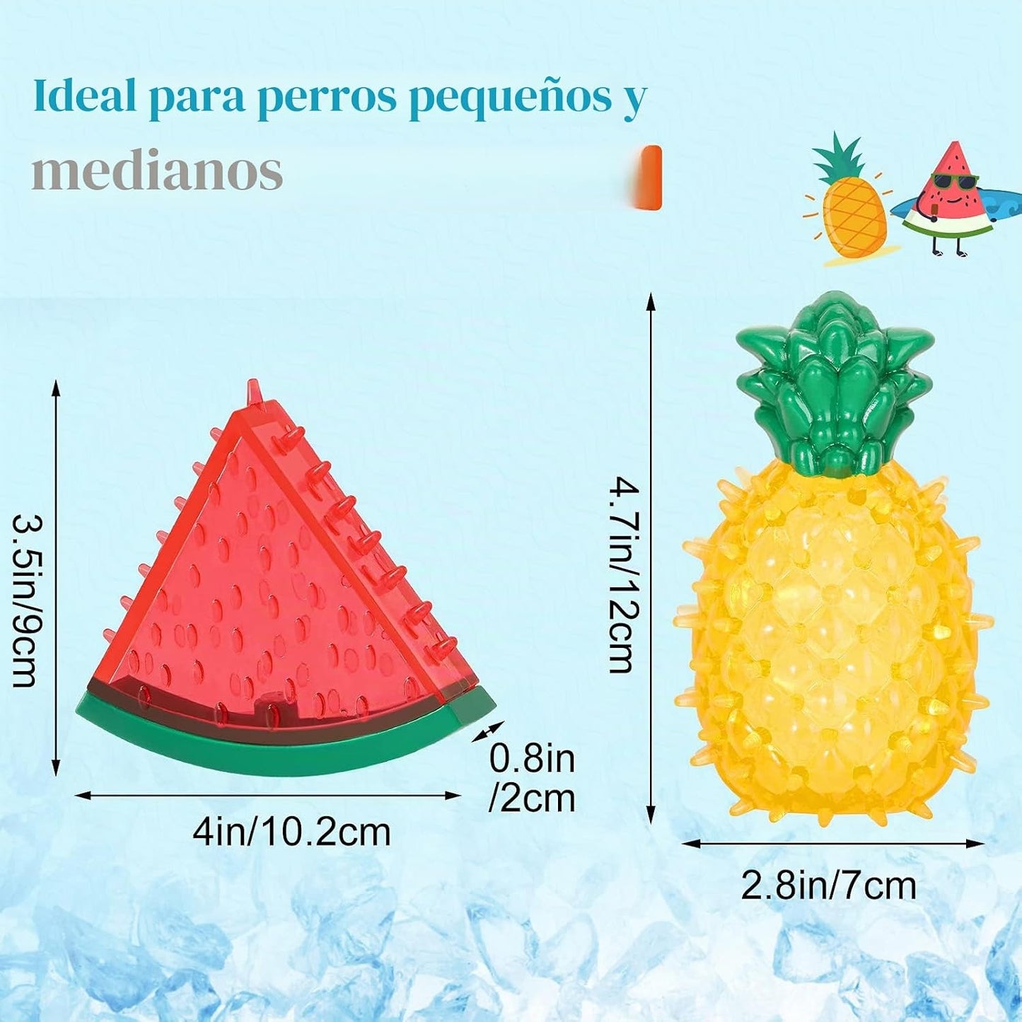Set completo de mordedores congelables sandía y piña para perros, empaque del producto
