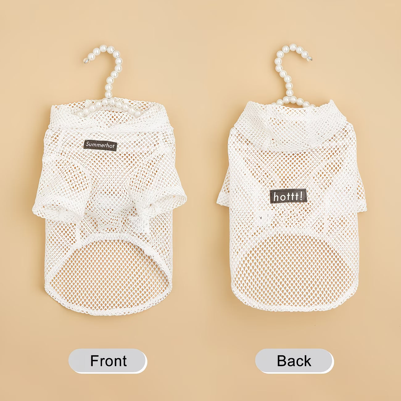 Detalle de la sudadera con capucha de malla en color blanco para perros y gatos
