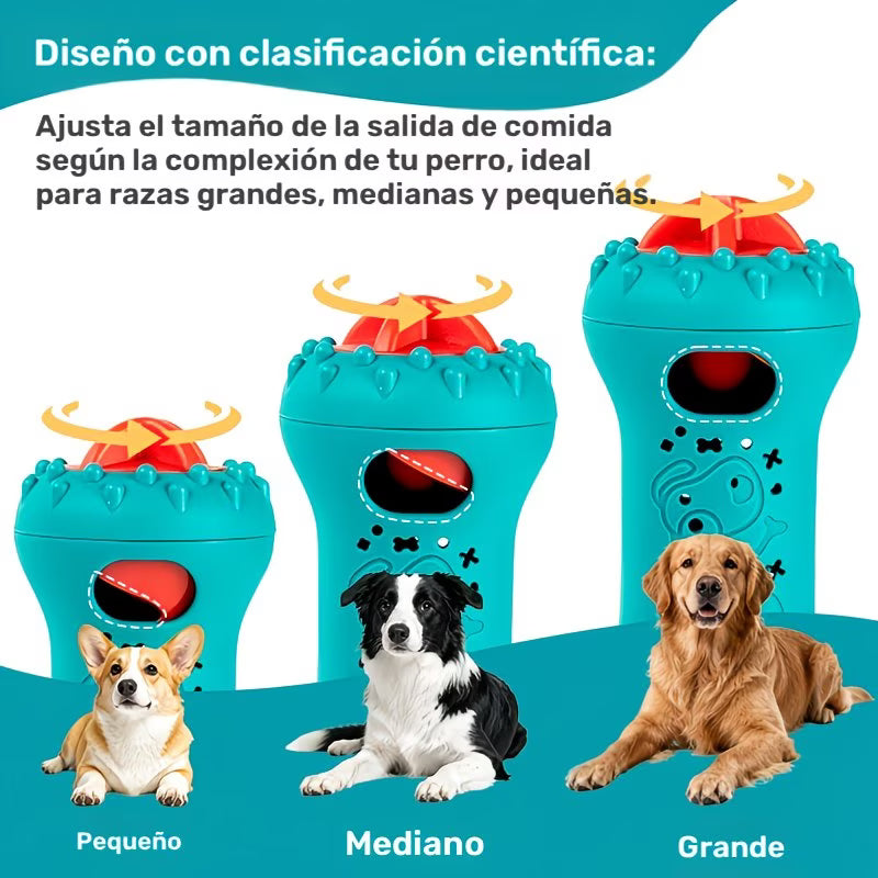 Gira la parte superior del juguete dispensador para controlar el tamaño de apertura, compatible con todo tipo de pienso