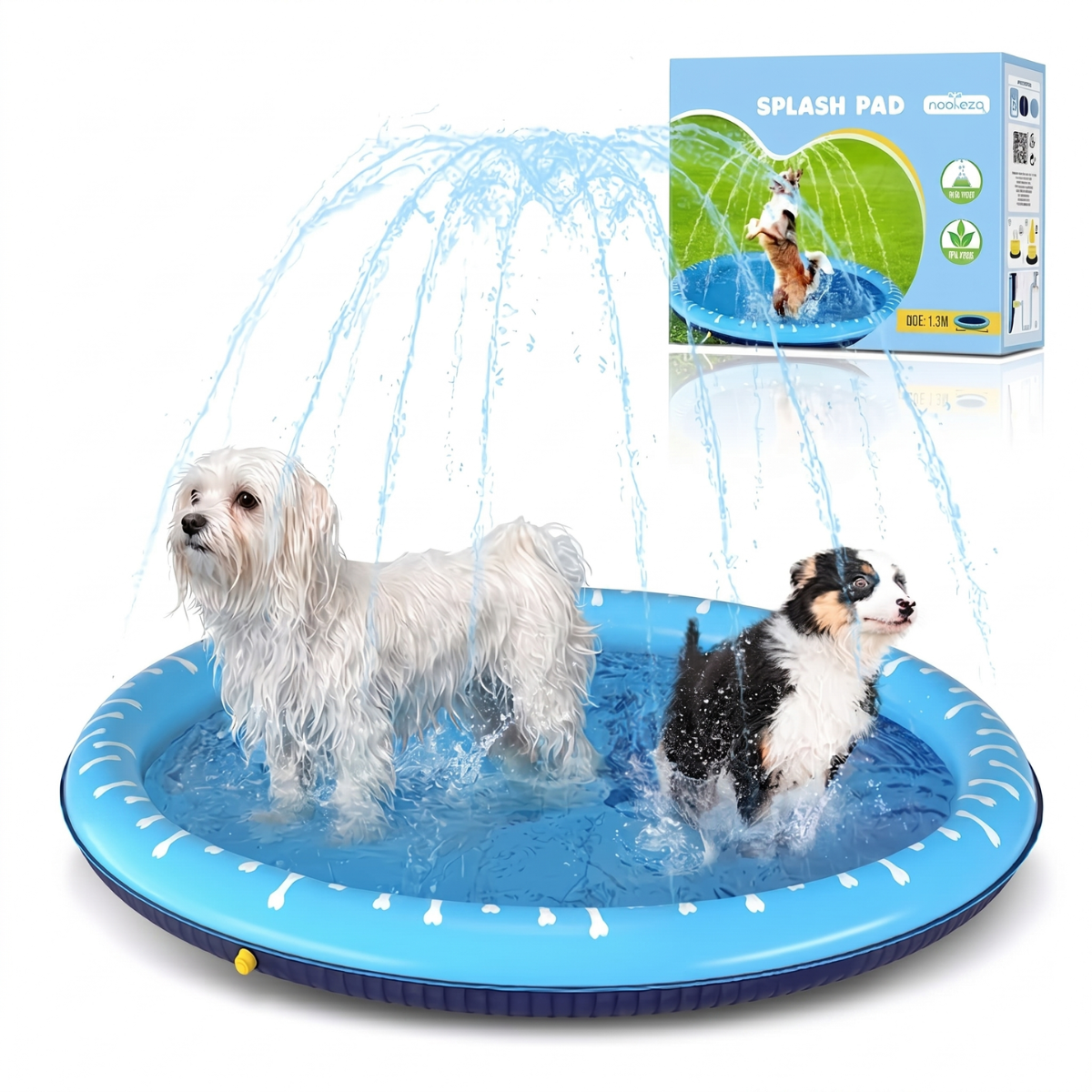 Piscina splash pad Nobleza para perros con aspersor de agua, dos perros jugando dentro