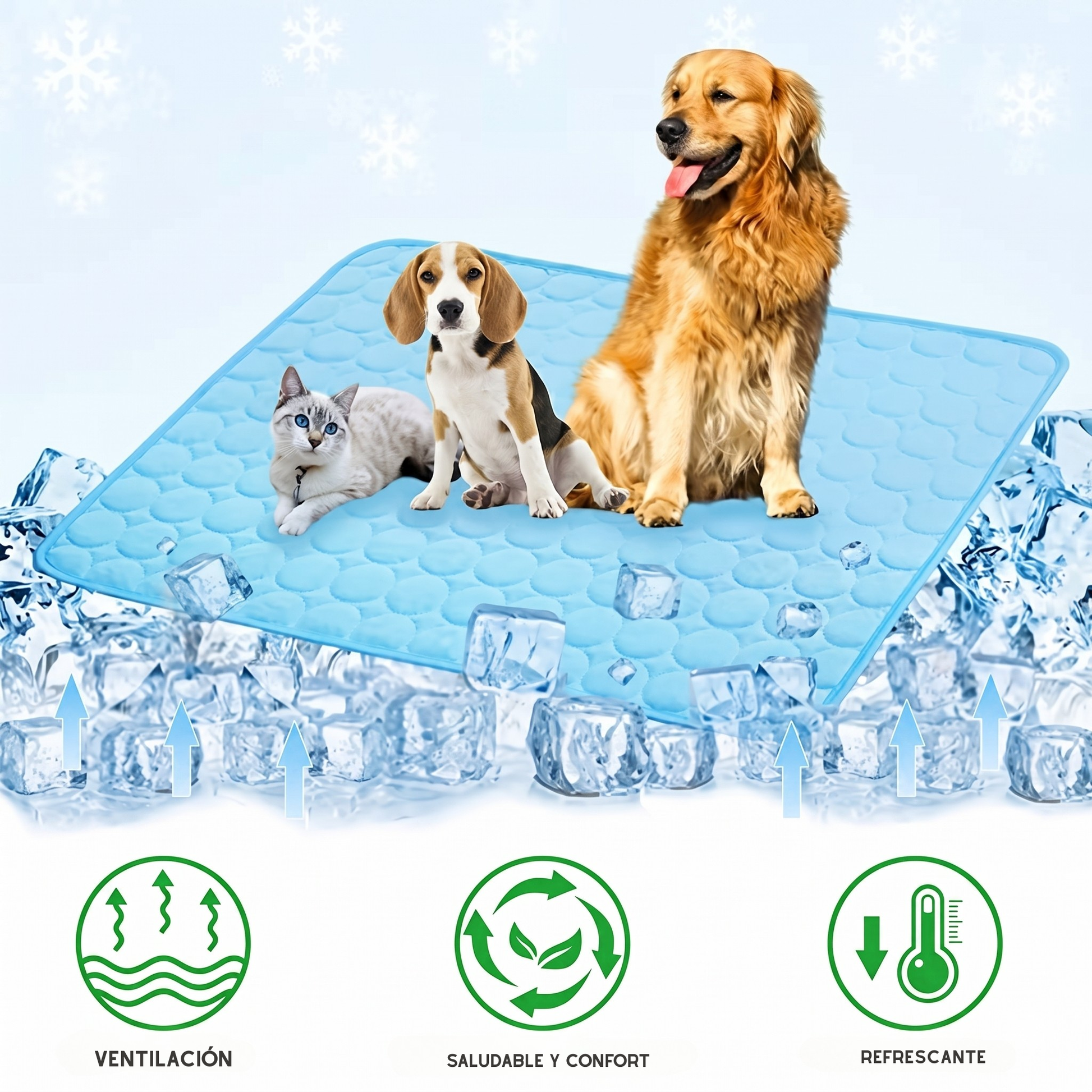 Alfombra refrescante para perros y gatos sobre cubitos de hielo, con iconos de ventilación, comodidad y enfriamiento