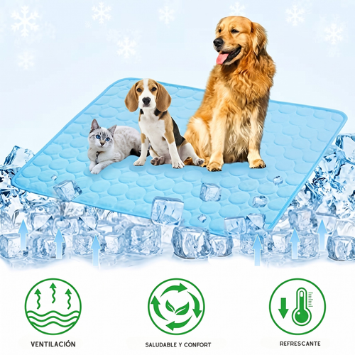 Alfombra refrescante para perros y gatos sobre cubitos de hielo, con iconos de ventilación, comodidad y enfriamiento