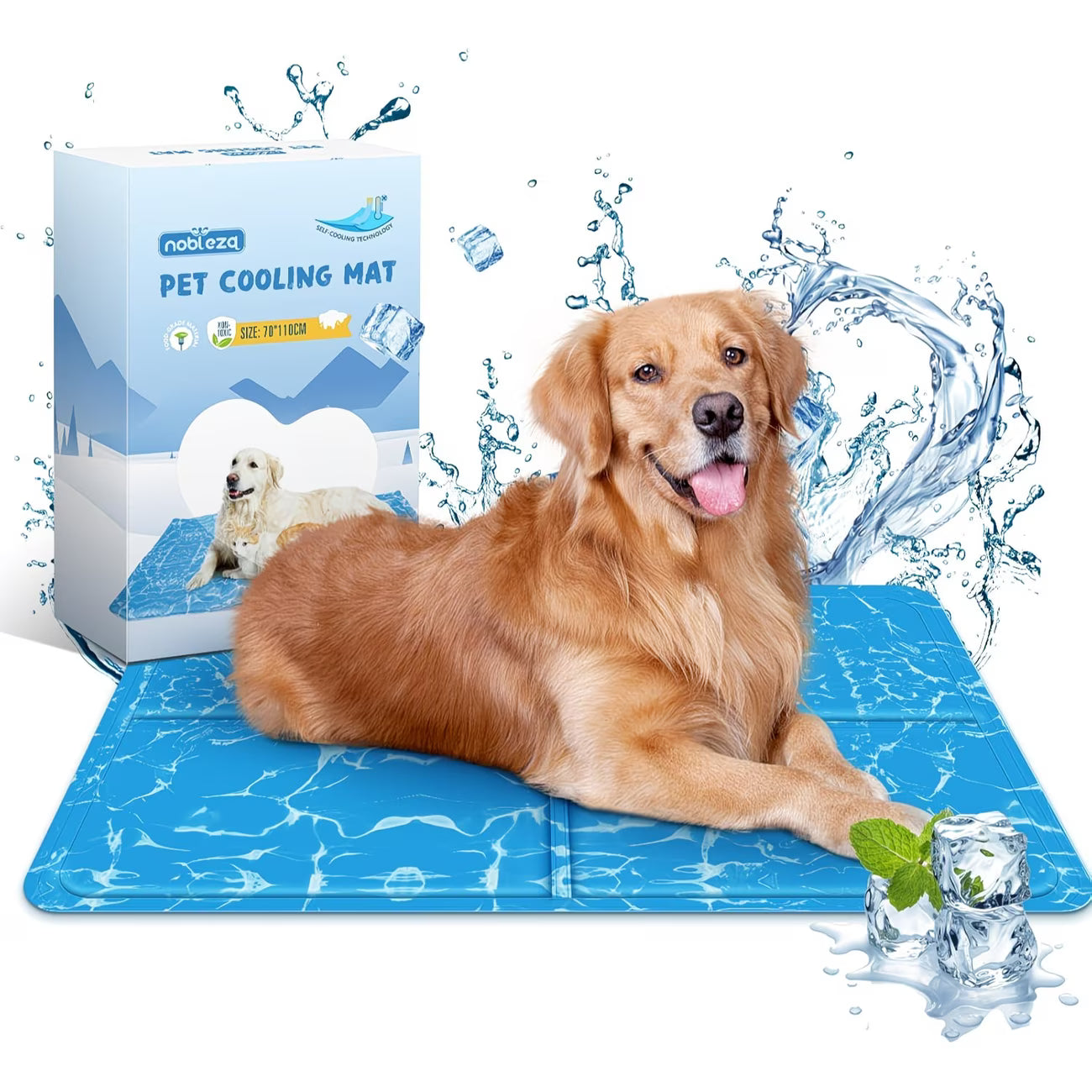 Caja del producto Nobleza Pet Cooling Mat junto a un perro Samoyedo tumbado sobre la alfombrilla refrescante azul