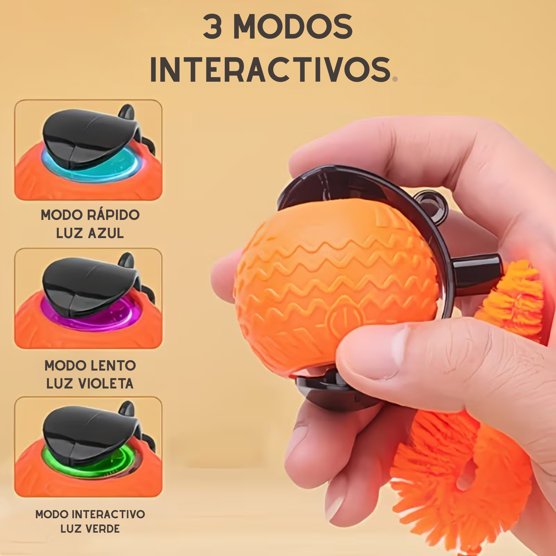 Pelota interactiva en modo de descanso automático junto a un gato jugando