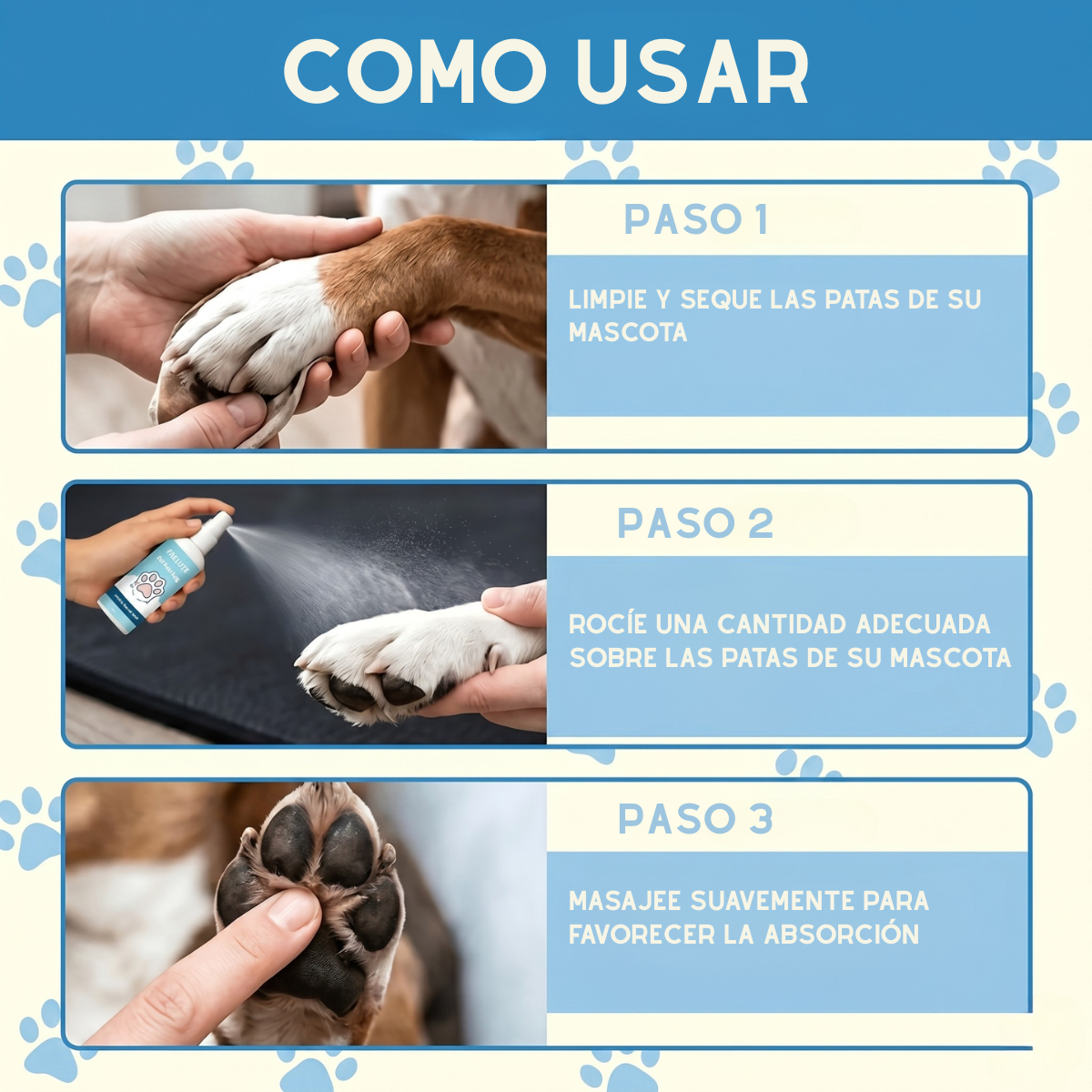 Spray hidratante para almohadillas aplicado en las patas de un perro, con detalle de almohadillas secas