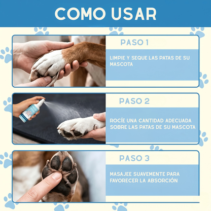Spray hidratante para almohadillas aplicado en las patas de un perro, con detalle de almohadillas secas