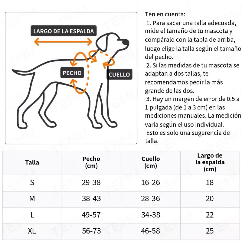 Guía de tallas del disfraz de vaquero: S, M, L y XL según el contorno de pecho y cuello de tu mascota