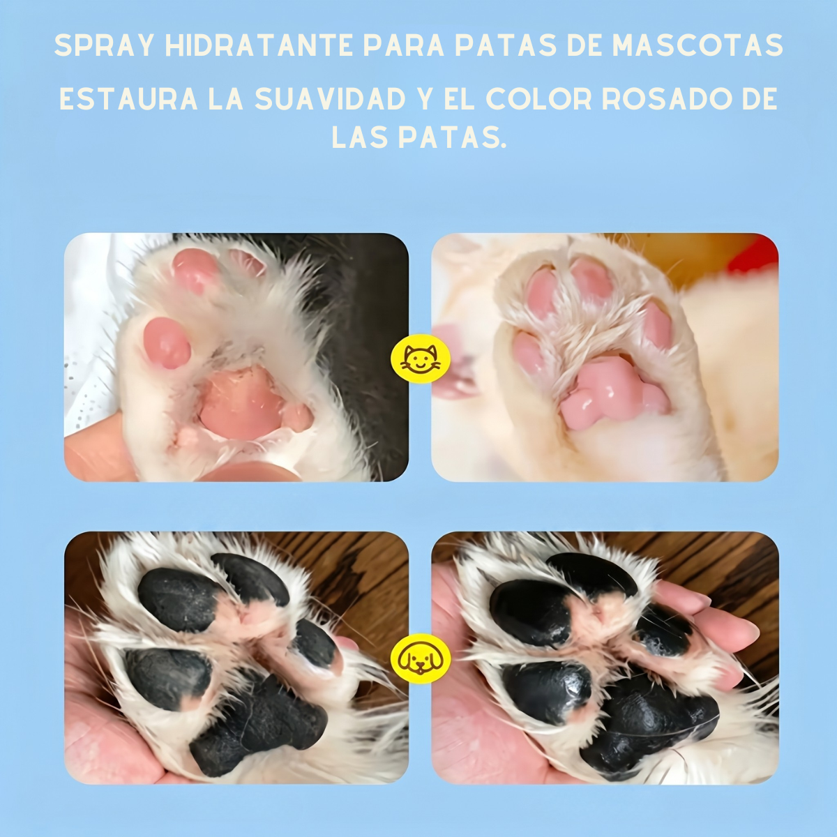 Instrucciones de uso del spray hidratante para almohadillas en 3 pasos: limpiar, rociar y masajear