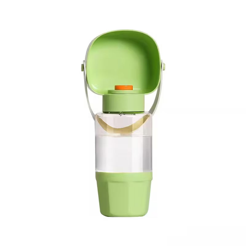 Botella antigoteo para mascotas en color verde, con cuenco plegable abierto