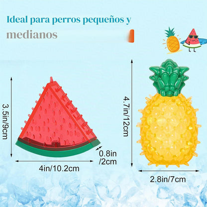 Set completo de mordedores congelables sandía y piña para perros, empaque del producto