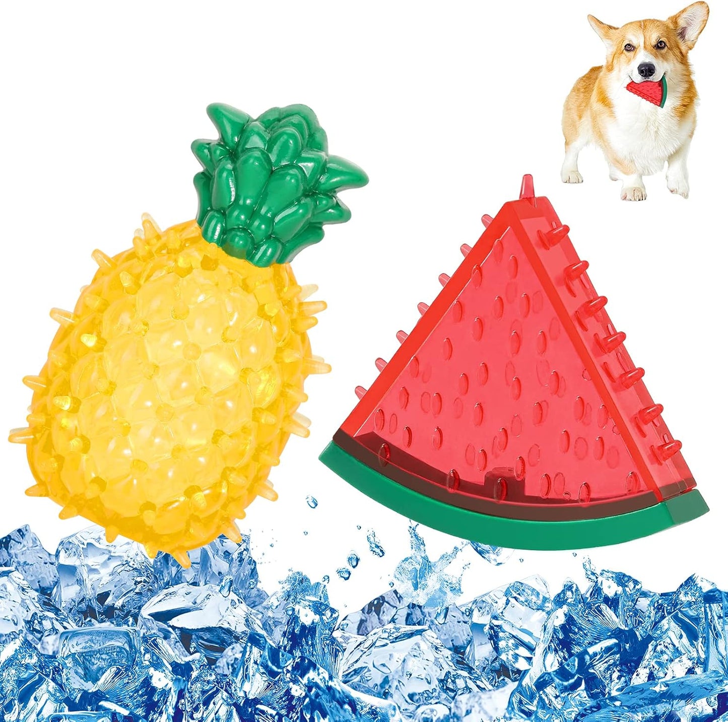 Set de mordedores congelables para perros con forma de sandía y piña, vista de producto