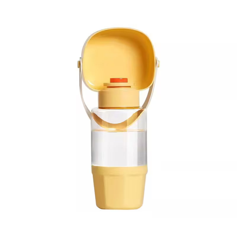 Botella antigoteo para mascotas en color crema, con cuenco plegable abierto